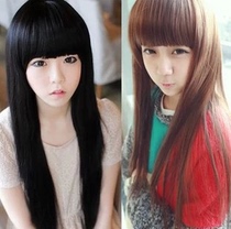 Medium-length straight hair fluffy round face Japanese and Korean cute face repair wig Black Qi bangs female hair wig