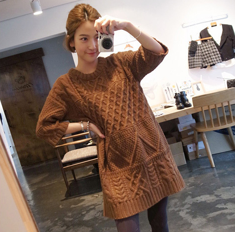 中长款复古套头毛衣,加厚宽松麻花粗毛线.