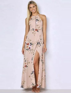 American style sleeveless hollowed out open back hem split retro floral dress