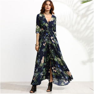 New European and American printed single breasted five point sleeve long dress