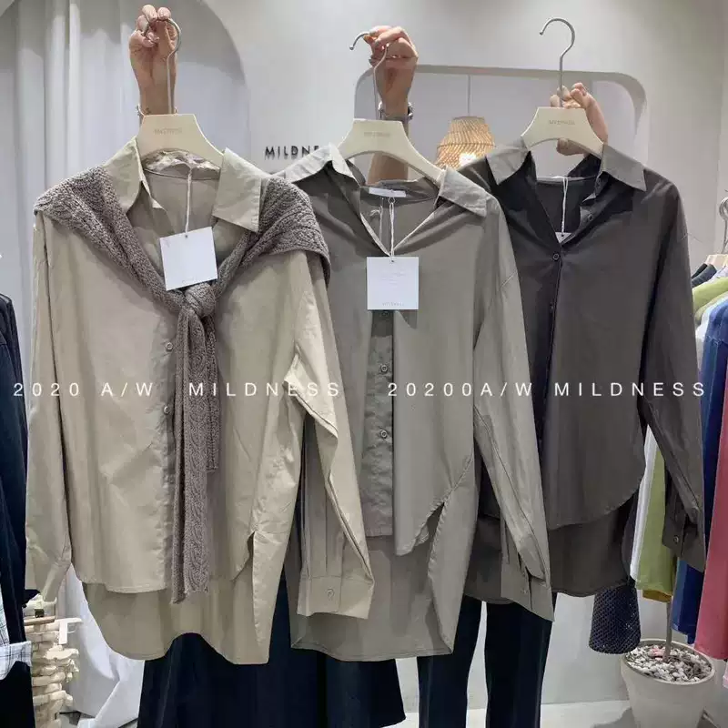 Hàn Quốc MILDNESS mùa thu mới retro rắn màu dài tay không đều dài tay áo sơ mi nữ - Áo sơ mi dài tay