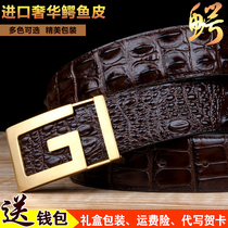 Thai Mens Crocodile Leather Strap Man Leather Pants Belt Letter Smooth Buckle Genuine Leather Gift Box Dress Pants Strap