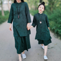 2022 spring and summer new Chinese Wind Parent-child Qipao Improved Chinese Robe and Green Art Mother Woman Dress Cotton Numb