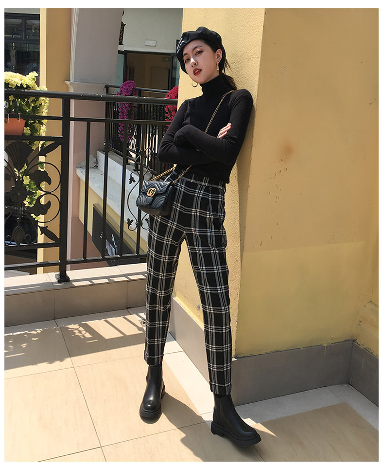 黑白格子裤女韩版直筒宽松九分哈伦裤高腰萝卜裤春季毛呢裤子小脚