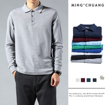 88 two pieces)spring and autumn and winter polo shirt long-sleeved T-shirt loose cotton top mens lapel business customization