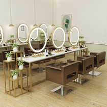 Net Red Marble Beauty Hair Shop Mirror Desk Hairdressshop Mirror Special Table Hair Salon Hot dyeing single-sided double-sided mirror table with lamp