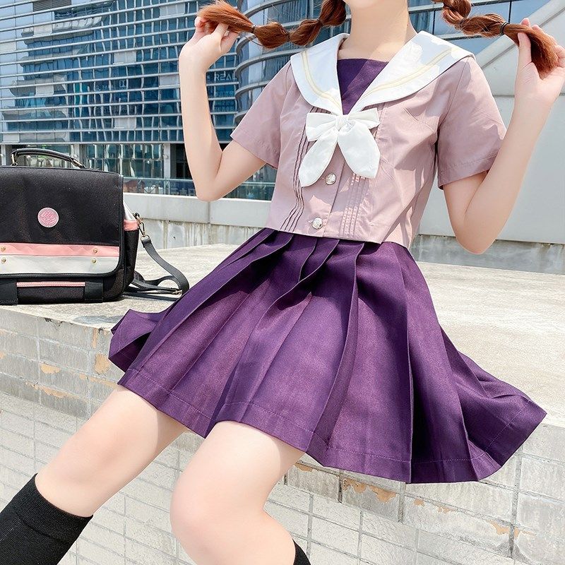 实拍现货日系正统jk制服夏季短袖短裙jk套装女香芋紫水手服两 - 17网