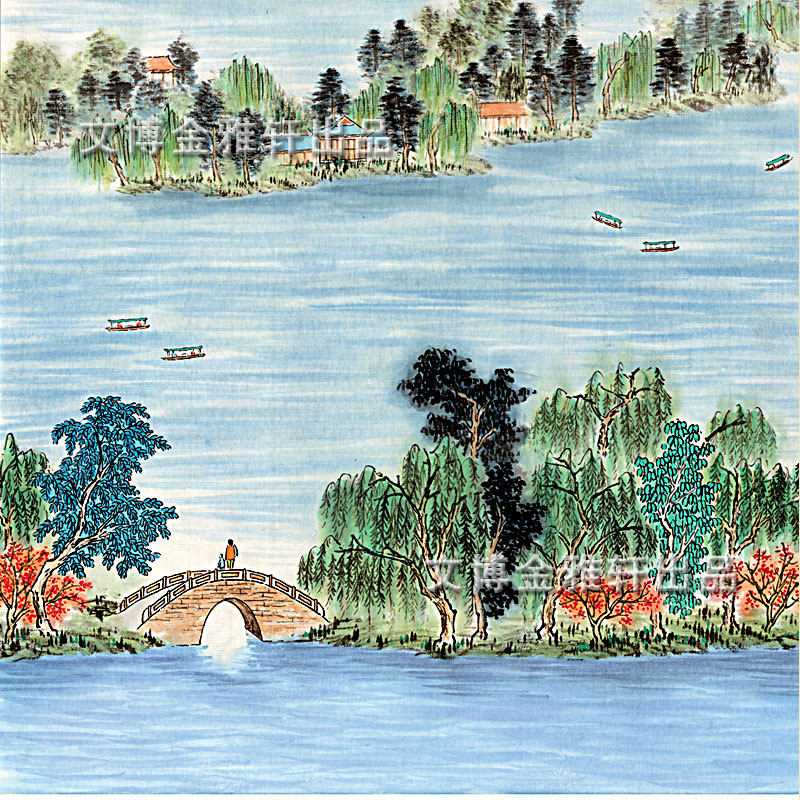 丝绸国画山水画客厅装饰画西湖风景挂画双峰