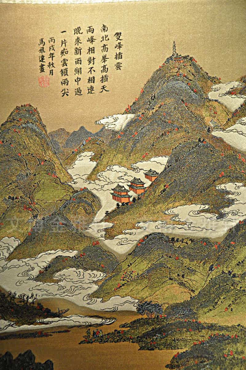 国画山水西湖风景画双峰插云卷轴画真丝织锦