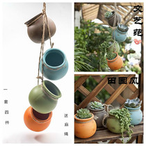 Mini zakka hemp rope multi-meat flower pot flower hanging basin Imitation Ancient Ceramic Creative Personality Floral Pendulum