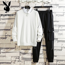 Playboy casual suit mens trend round neck sweater mens long-sleeved spring and autumn set with handsome two-piece suit
