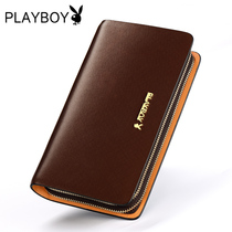 Playboy mens handbag leather business clutch bag cowhide clutch bag mobile phone bag single double zipper large capacity