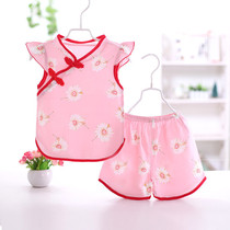 Summer baby cotton silk cheongsam set Chinese style artificial cotton home clothes two-piece pajamas silk girl children