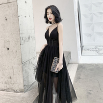 Banquet Evening Dress Women 2021 New Black Temperament Tuffle Skirt Vacuum Sexy Dress Aura Queen