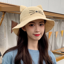 Japanese sweet and cute cat ears fishermans hat female summer breathable cotton and sunshade sunscreen Joker student basin cap