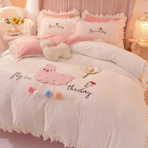 Winter coral fleece plus pile four-piece set thick bed double-sided crystal fleece quilt cover milk fleece bed skirt princess style