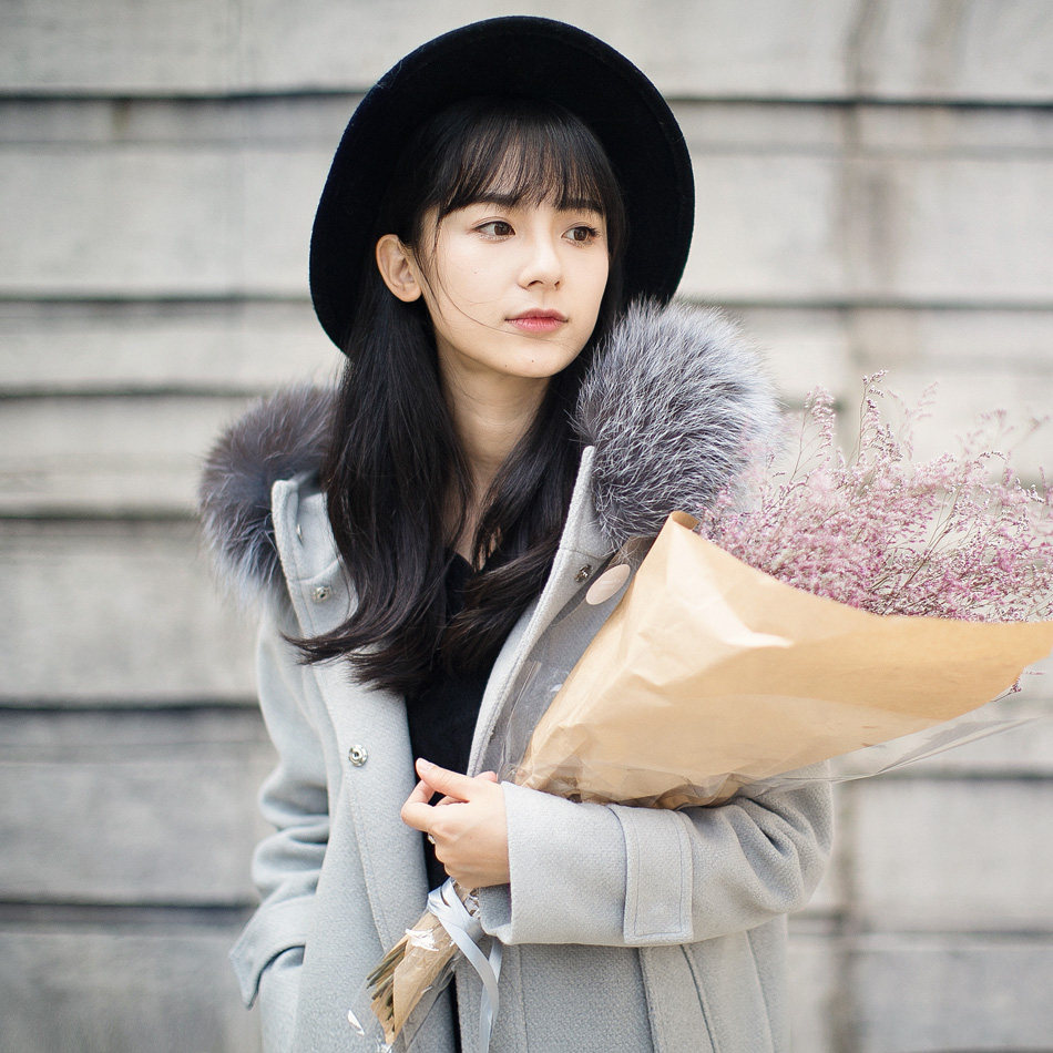 小镇姗姗 超大真银狐狸毛领气质中长款加厚连帽