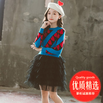 Girls dress for dress and autumn clothing Two sets CUHK Knitted Sweater Lace Dress Suit Girl Korean version Dress Spring Autumn