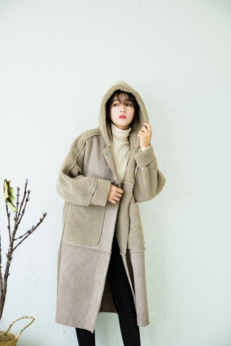 冬季羊羔毛外套女皮毛一体宽松加厚过膝鹿皮绒连帽中长款棉衣棉服