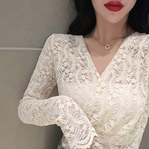 Spring 2020 new sexy perspective lace mesh splicing long sleeve shirt woman