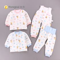 Tongtai thermal underwear autumn and winter thick infant stand shoulder to open crotch newborn high waist strap pants set boneless