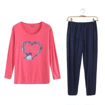 Autumn printed womens long sleeve trousers set modal round neck plus fat size smooth hanging feeling good middle-aged mother