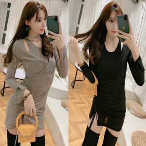 New long sleeve Hong Kong sexy off shoulder slim drawstring fake two dresses