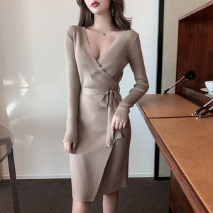 Sexy long sleeve V-neck irregular lace up knitted bottom dress