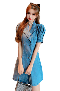 New versatile double breasted suit collar Lantern Sleeve waist denim dress