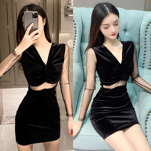 Sexy Hong Kong Style nightclub women’s V-neck mesh splicing hollow dress