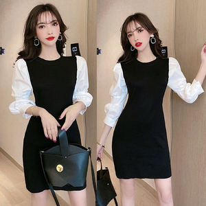 Knitted color contrast foam shirt sleeve dress