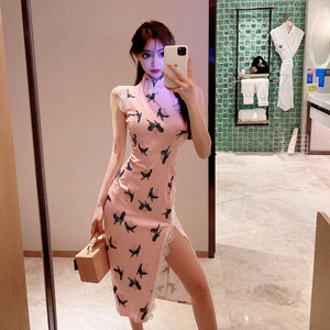 Sexy nightclub Decor improved mid long split lace cheongsam dress