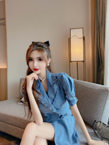 New versatile double breasted suit collar Lantern Sleeve waist denim dress