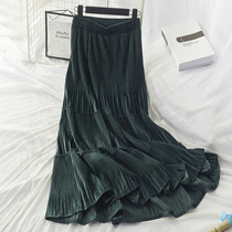 2021 spring new high waist skirt womens long golden velvet pleated skirt vintage a cake skirt 862