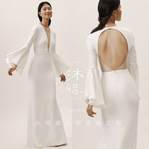 Wedding dress 2021 summer new satin - nosed deep V dew - backed dim A slim tail elegant and simple sexy travel