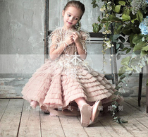 Pink girl dress princess little flower baby pork yarn show show show show gown child wedding dress girl
