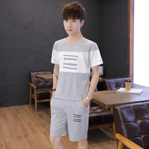 Sleepwear Mens Summer Pure Cotton Short Sleeve Suit Teenagers Junior High School Students Summer Casual Thin you can go out of the house