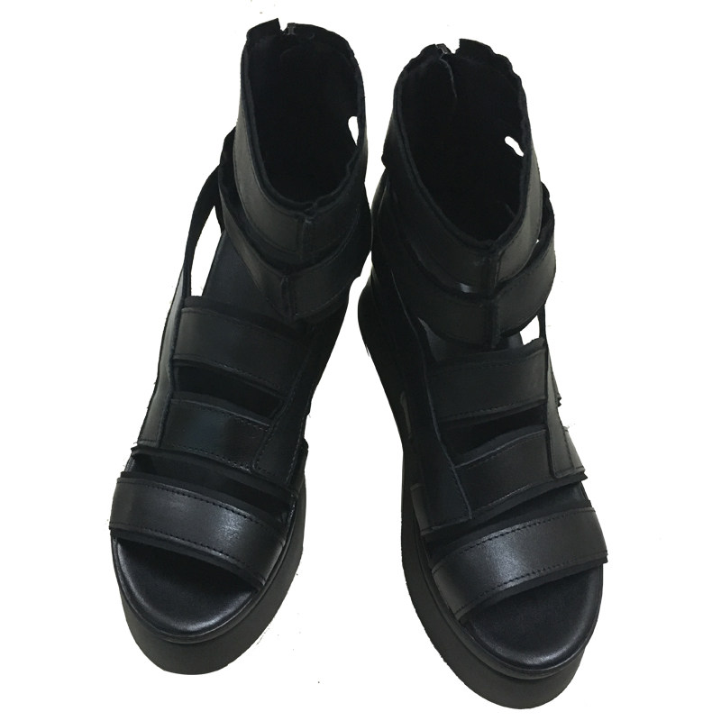 越秀潮店2017夏季女鞋新品欧美头层牛皮绑带罗马鞋高跟鞋时尚凉鞋