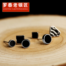 Luotai old silversmith 925 silver mens earrings single black fashion Korean silver personalized round earrings earrings earrings female