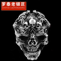 Luo Tai old silversmith domineering locomotive rock skull 925 silver ring male tide personality opening finger ring