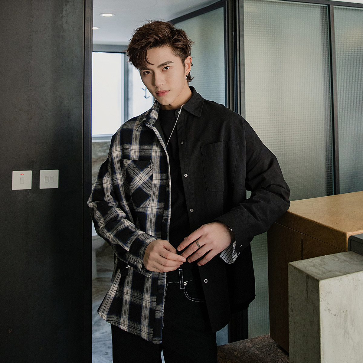 西西里男装港风ins网红复古拼接格子衬衫男痞帅韩版宽松潮流衬衣