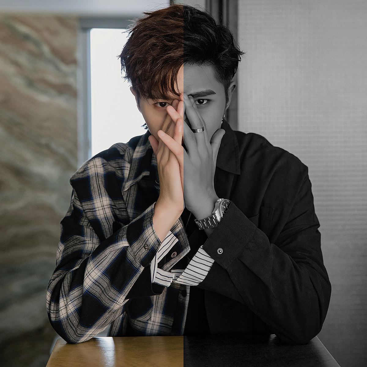 西西里男装港风ins网红复古拼接格子衬衫男痞帅韩版宽松潮流衬衣