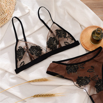 French transparent mesh embroidery lace triangle cup without steel ring big chest showing small underwear sexy ultra-thin bra set