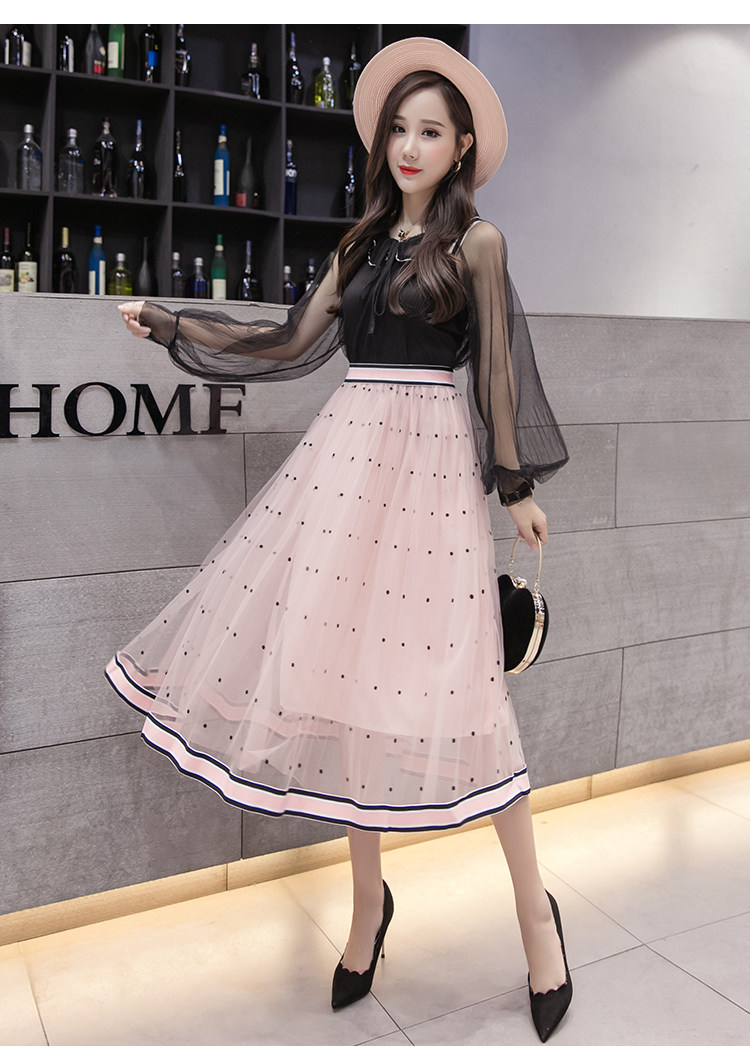 2019春夏新款半身裙女高腰中长款波点蓬蓬裙a字裙网纱长裙仙女裙
