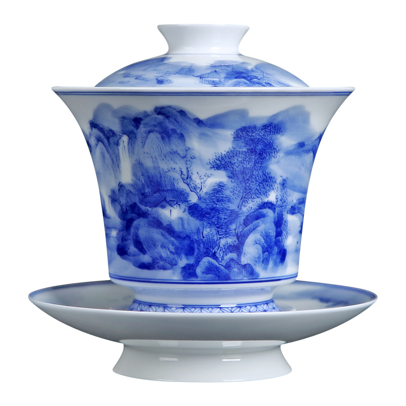 Jingdezhen ceramic manual hand - made tureen single tea cups three only blue and white porcelain bowl large tea sets