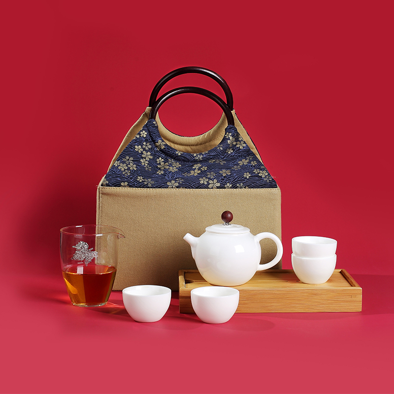 Red the jingdezhen ceramic suet jade white porcelain kung fu tea set contracted portable travel the teapot tea tray cups