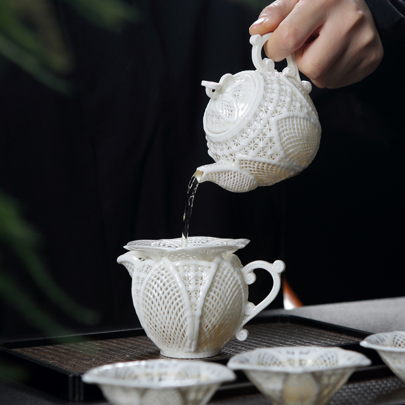 Jingdezhen ceramic kung fu tea set suit household contracted sitting room teapot hand - woven white porcelain tea cups