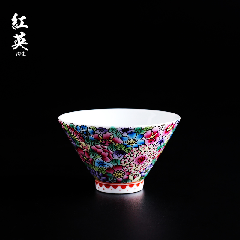 Red the jingdezhen ceramic kung fu tea cups hat to flower is colored enamel hand - made the master sample tea cup cup single CPU