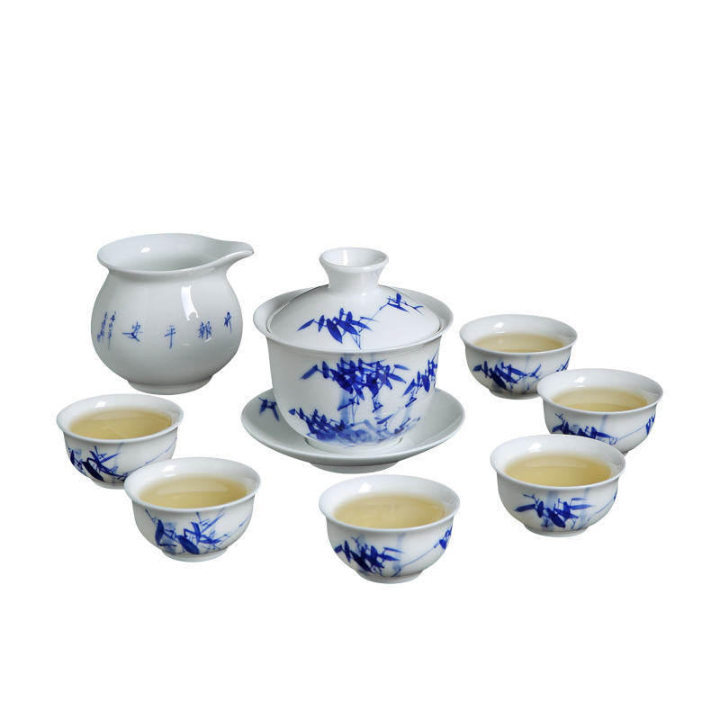 Jingdezhen ceramic kung fu tea set home sitting room tea Chinese blue and white, three small tureen tea cups