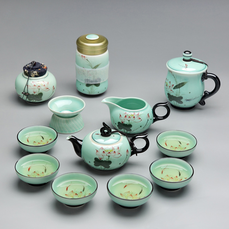 Red the jingdezhen ceramic celadon kung fu tea set suit household hand - made retro teapot small tea cups of tea